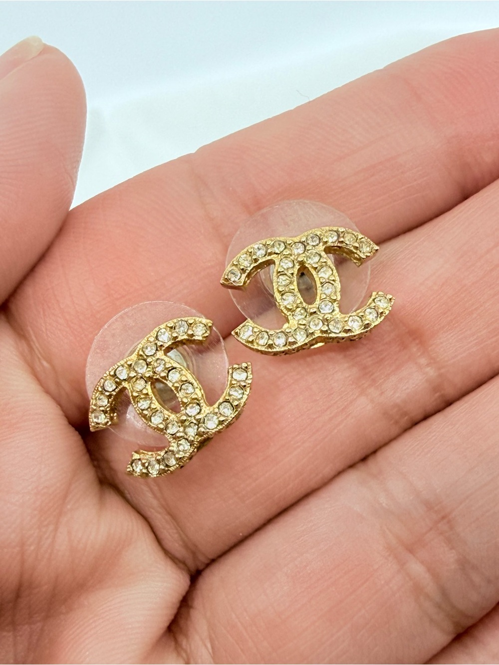 Chanel Small Crystal CC Logo Gold Stud Earrings - Picture 2 of 9